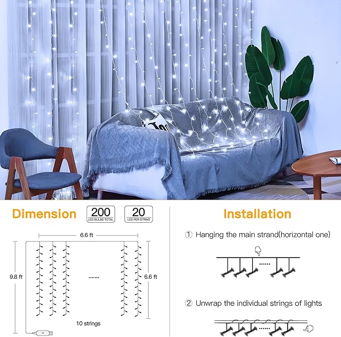 Ollny Curtain Lights 6.6x6.6ft, 200 LED White String Lights - Image 7