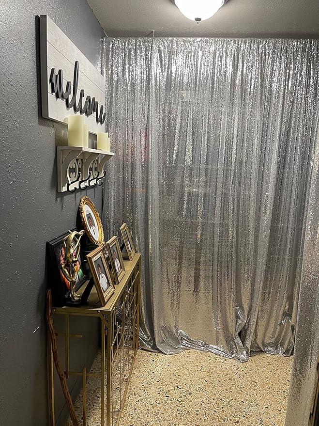 Silver Sequin Backdrop Curtains 1 Panel 8FTx8FT Wedding Photo Backdrop Drapes - Image 3