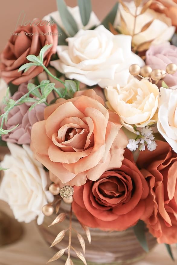 Floroom Terracotta Artificial Flowers Burnt Orange Fake Roses Peonies Dahlia - Image 5