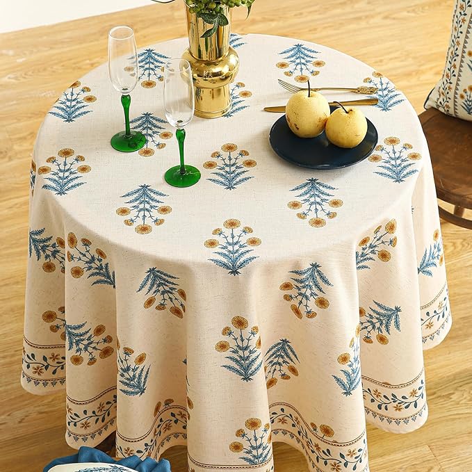 ISAENNE Designer French Pale Yellow Round Tablecloth, Linen Floral Table Cloth - Image 7