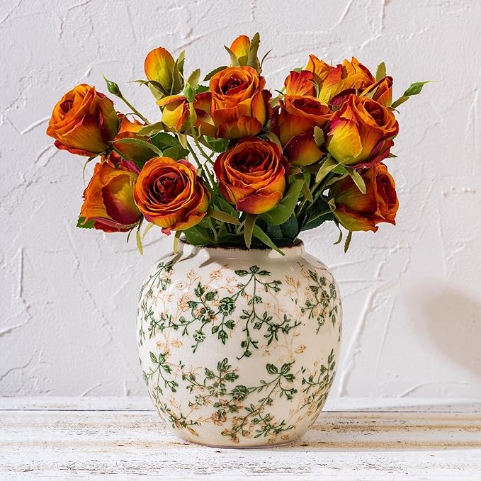Vintage Green and Beige Round Pastoral Vase, Round Ceramic Floral Vases by SUREYUESI