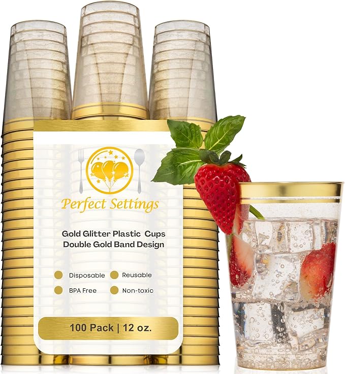Perfect Settings 100 Premium 12oz Hard Plastic Cups Clear Glitter Gold Plastic by PerfectSettings