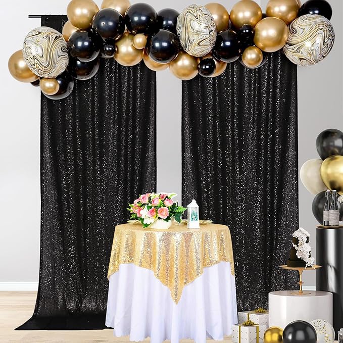 PartyDelight Sequin Backdrop Curtains 2 Panels Black 5Ft x 10Ft Photograph Back - Image 9