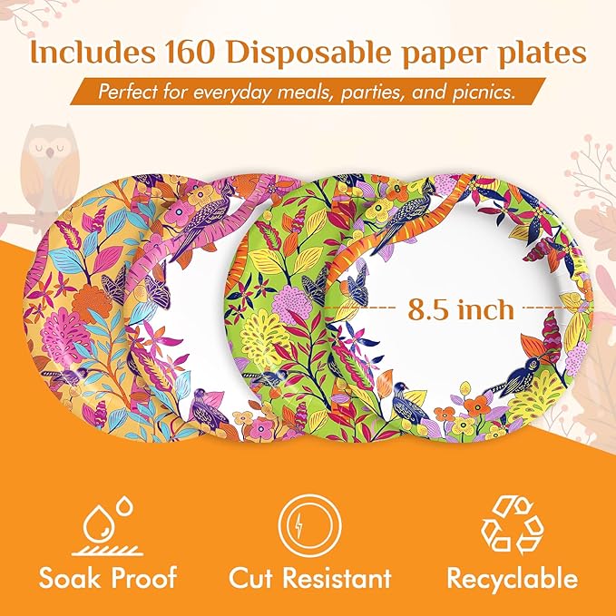 MUCHII 8.5 Inch Floral Bird Paper Plates 160 Count - Image 2