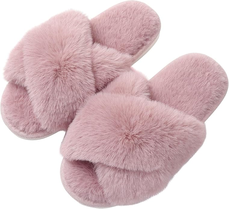 Evshine Women's Fuzzy Slippers Cross Band Memory Foam House Slippers Open Toe by Evshine