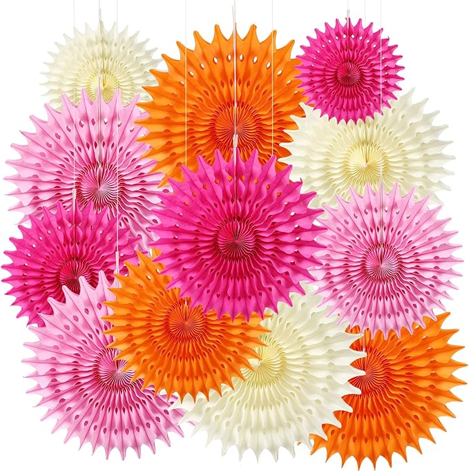 BestoFun 12PCS Paper Fans Hot Pink and Orange Party Decorations Tissue Paper by Unknown