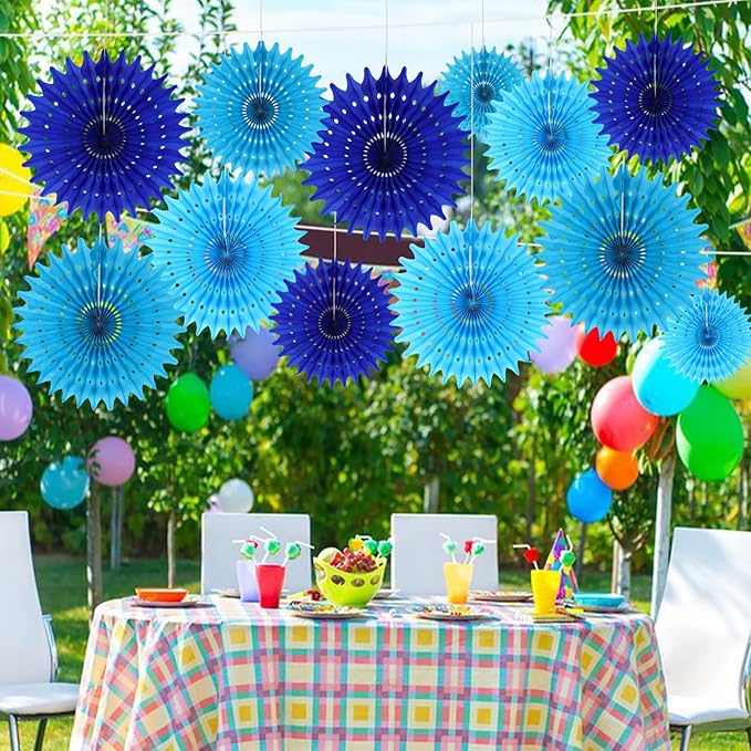 BestoFun 12PCS Paper Fans Blue Party Decorations Tissue Paper Flowers - Image 5