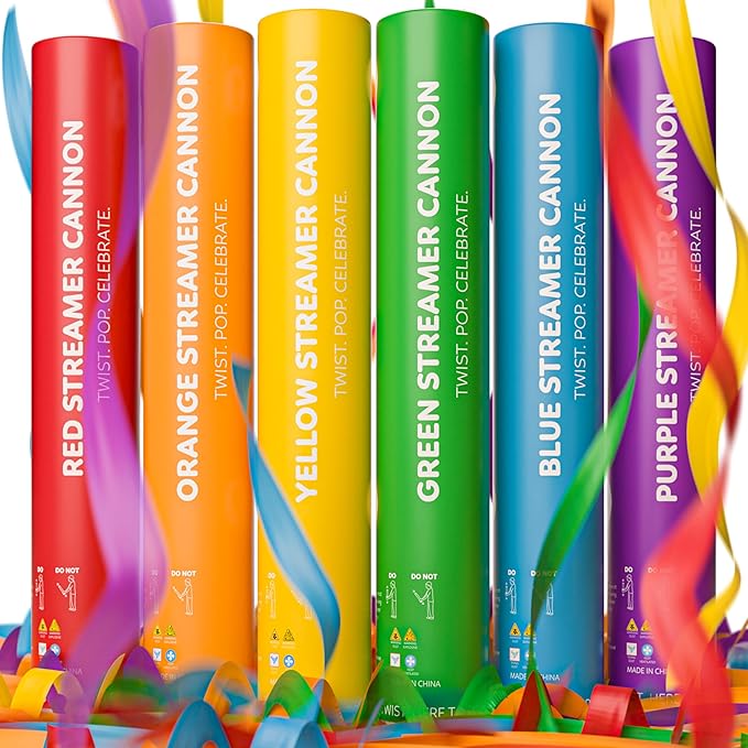 6 Pack Streamer Cannon Confetti Poppers | Biodegradable Rainbow Pack | TUR by TURPartySupplies