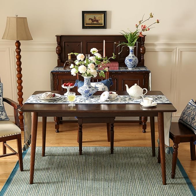 Decorative Linen Table Runner 87 Inches Long, Chinoiserie Blue Floral Cloth - Image 6