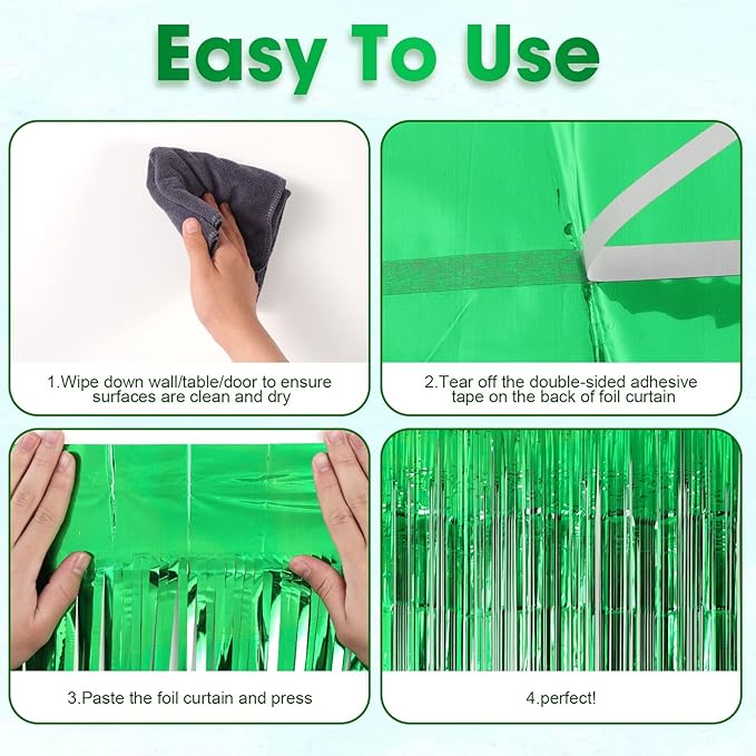 3 Pack 3.3x8.2 Feet Green Foil Fringe Backdrop Curtains, Tinsel Streamers - Image 4