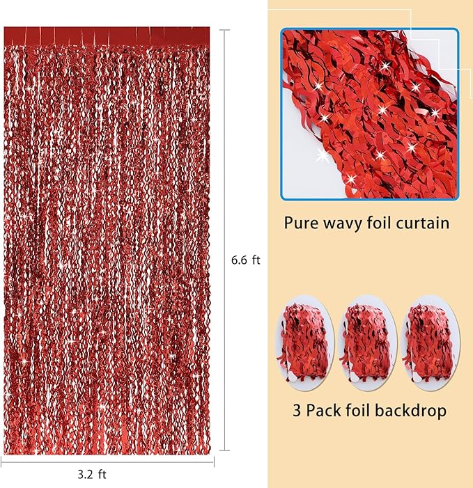 3 Pack Red Aluminium Foil Curtains, 3.3ft x 6.6ft, Wavy Shape, - Image 3