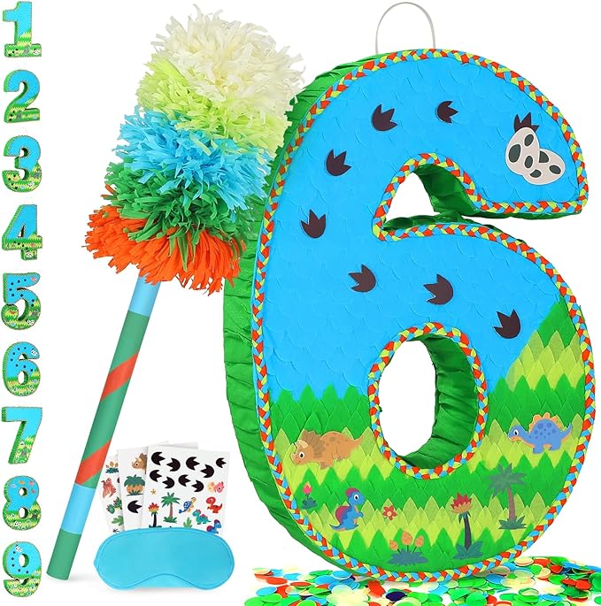 Number 6 Pinata for Birthday Party Decorations, Jungle Dinosaur Piñata Games Toy by Pardecor