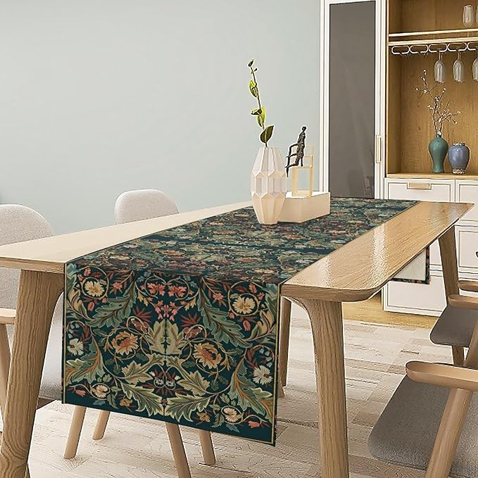 Green Morris Floral Table Runner, Boho Rustic Country Farmhouse Teal Red Rose - Image 2