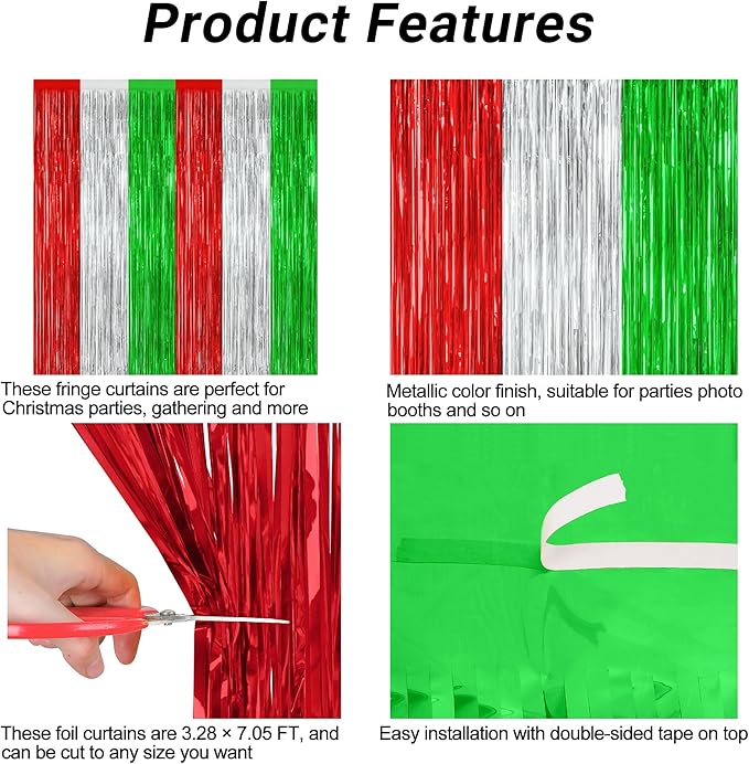 4 Pack Christmas Curtains, 3.28 FT x 7.05 FT Red Silver Green Foil Backdrop - Image 4