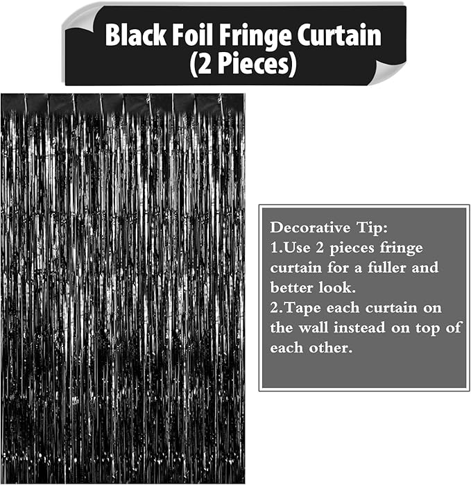 2 Pack Black Fringe Curtains Foil Shiny Fringe Backdrop Tinsel Door Streamers - Image 7