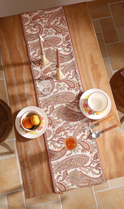 ISAENNE Designer Elegant Red Linen Extra Long Table Runner 118 Inches, Vintage - Image 8