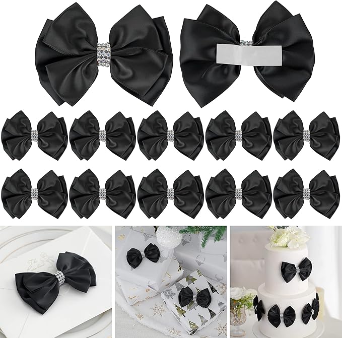 Black Satin Bows 4'' Premade Black Ribbon Bows, Gift Bows by LiBongTa