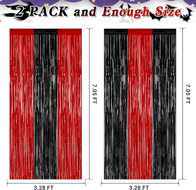 2 Pack Backdrop Curtains, 3.28 FT x 7.05 FT Black and Red Party Decor, Metallic - Image 2