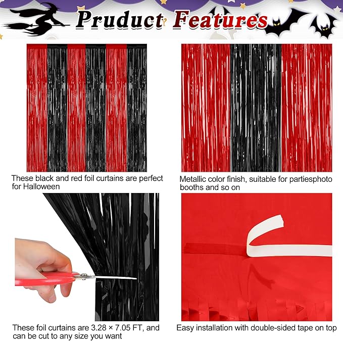4 Pack Halloween Wall Backdrop, 3.28 FT x 7.05 FT Red and Black Party Streamer - Image 4