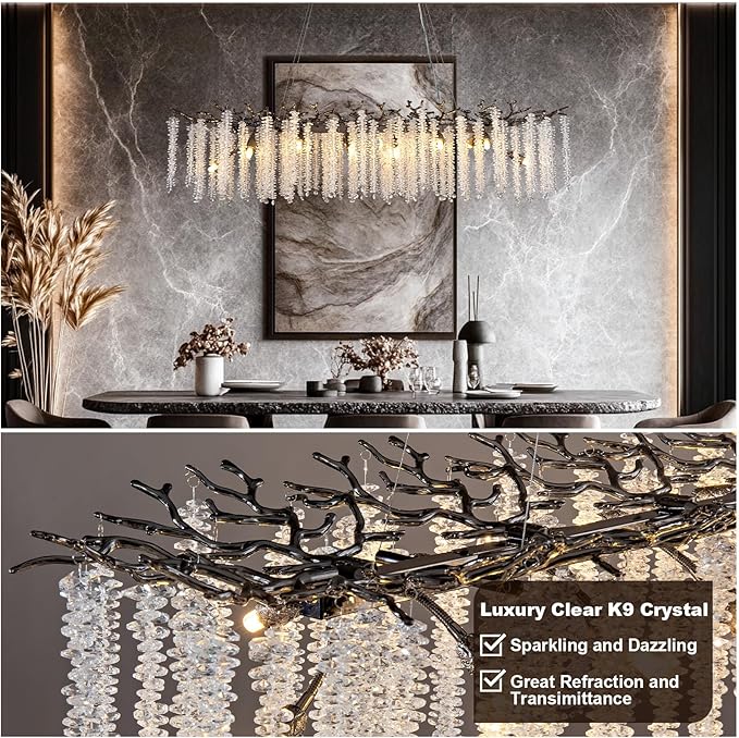 YUYI Black Crystal Chandelier, Modern 47.2" Rectangular Chandeliers - Image 3