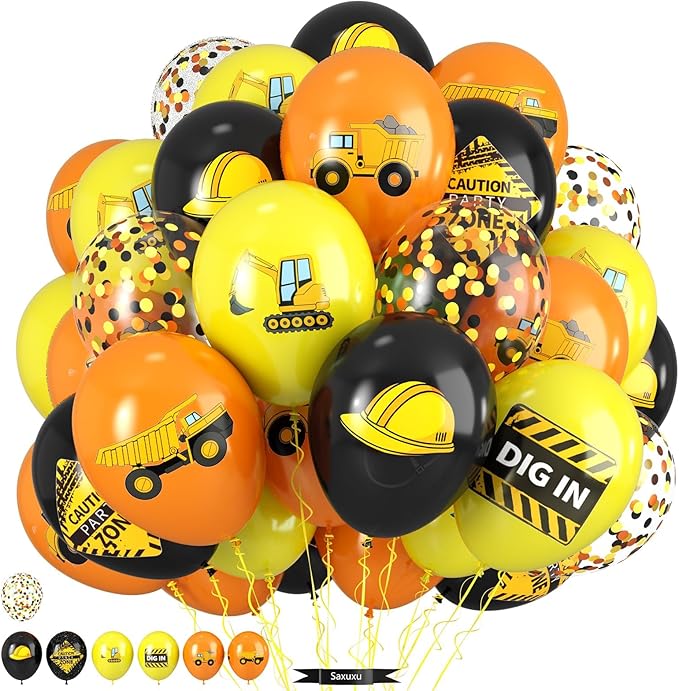 Construction Balloons, 12 Inch Black Yellow Orange Truck Printed Confetti by Saxuxu