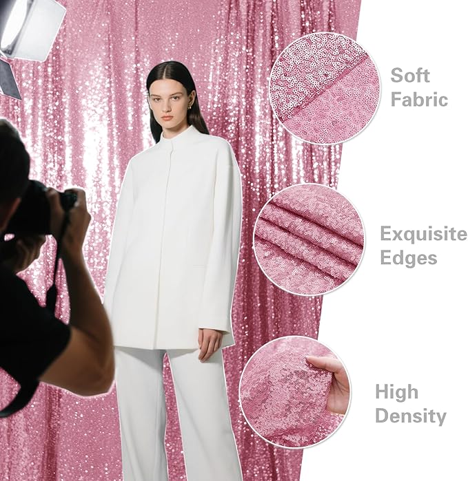 Pink Sequin Backdrop Curtain 2 Pieces 2FTx8FT Glitter Photography Backdrop - Image 4