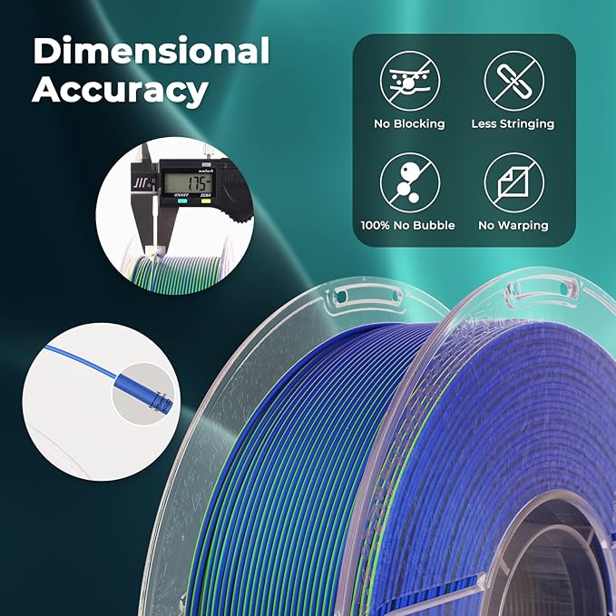 AMOLEN Silk PLA 3D Printer Filament, Silk Dual Color Blue Green PLA Filament - Image 5