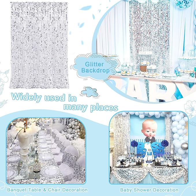 Silver Sequin Backdrop Curtains 2 Panels 4FTx8FT Big Payette Glitter Backdrop - Image 4