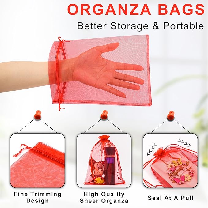 ANZNKU 100 Pack Red Organza Bags 6x9 inches Mesh Bags Drawstring, Gift Bag - Image 3