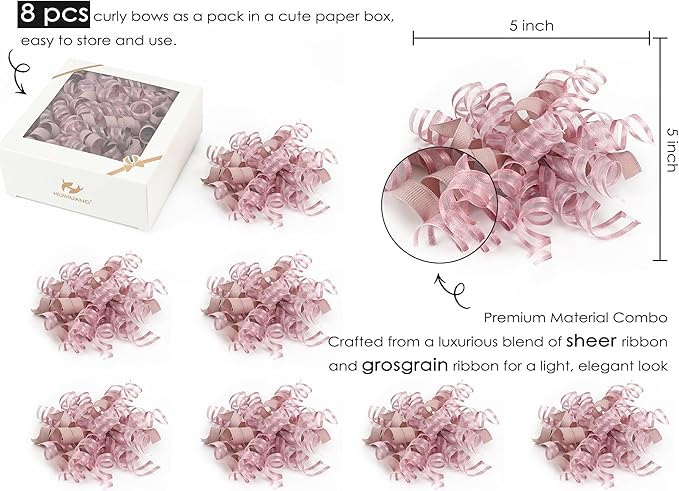 HUIHUANG Self-Adhesive Curly Bows Gift Wrap Accessory Dusty Rose Gift Bow 5 - Image 2