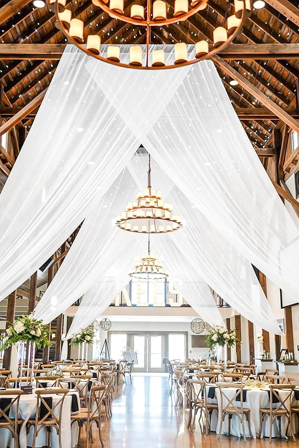 4 Panels White Ceiling Drapes for Wedding 5ftx30ft Sheer Drapery Chiffon Fabric - Image 4