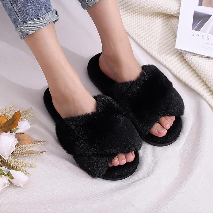 Evshine Women's Fuzzy Slippers Cross Band Memory Foam House Slippers Open Toe - Image 2