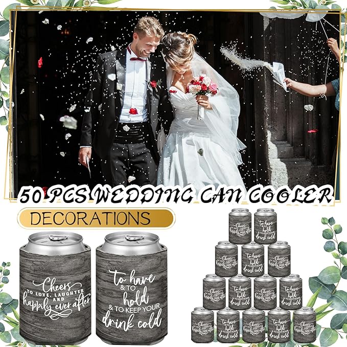 50 Pieces Wood Grain Wedding Can Cooler Sleeves Bulk Engagement Party Favors - Image 3