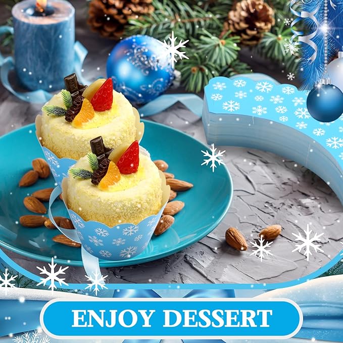 Domensi 100 Pcs Snowflake Cupcake Wrappers Blue Cupcake Liners Christmas Blue - Image 2