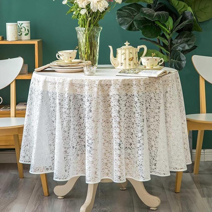 Lace Tablecloth Leaf Pattern Warp Knitting Fabric Solid White Round Table Cover by GLORYSEASON