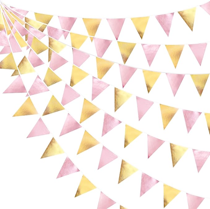 Pink Gold Party Decoration Metallic Fabric Light Pink Gold Triangle Pennant by pinkblume
