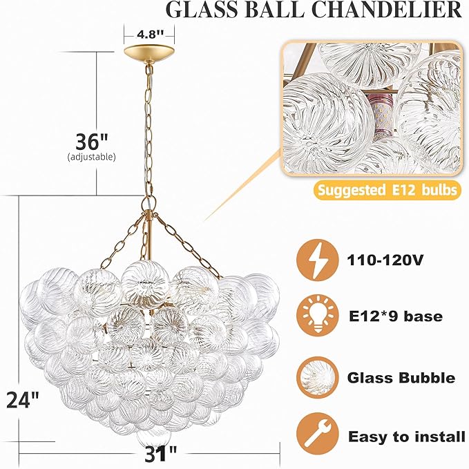Nordic Bubble Ball Swirled Glass Chandelier, Diam 31" Gild Gold and Clear - Image 2