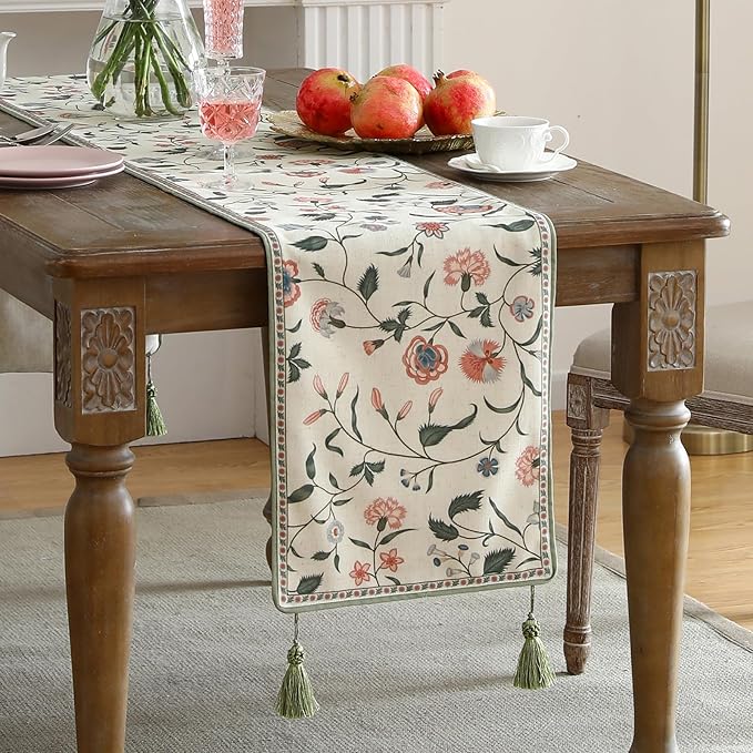 ISAENNE Designer Chinoiserie Elegant Linen Floral Extra Long Table Runner 118 - Image 2