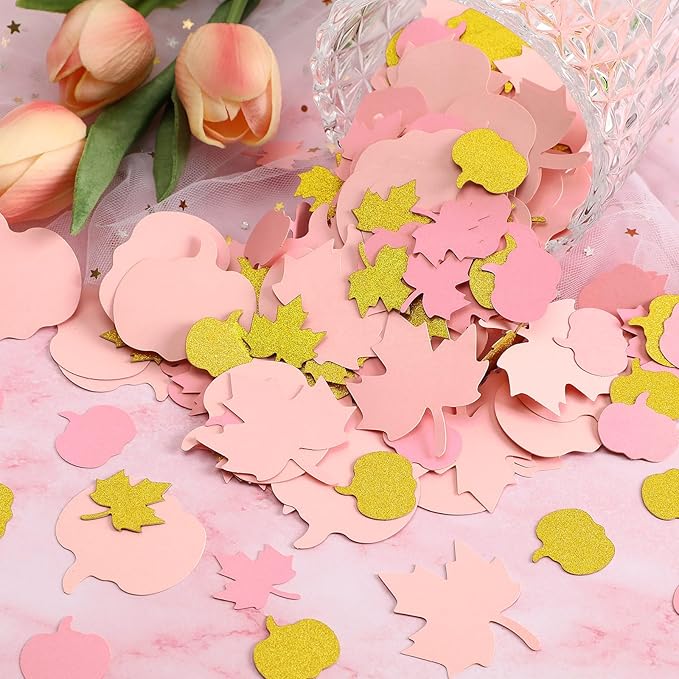 MARFOREVER 350 Pcs Fall Thanksgiving Pink and Gold Pumpkin Maple Leaf Confetti - Image 7