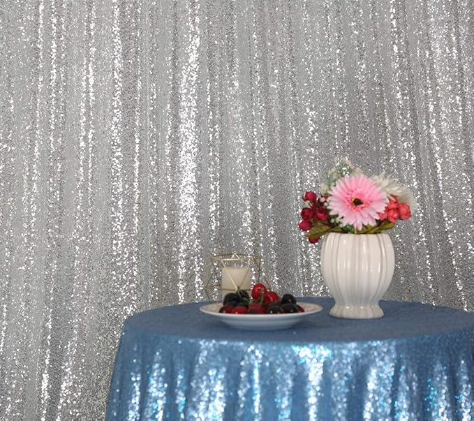 SquarePie Sequin Backdrop 10FT x 10FT Silver Curtain Background Wedding Party - Image 3