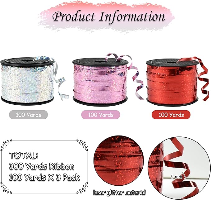BEISHIDA Red Pink Silver Curling Ribbons Balloon String Ribbons - Image 2