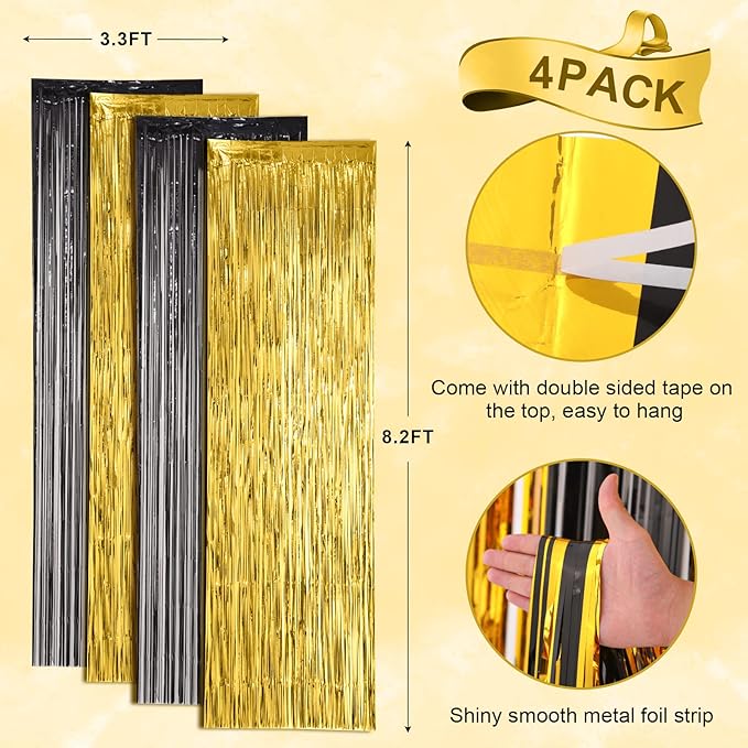 4 Pack Black and Gold Foil Fringe Backdrop Curtains, Tinsel Streamers Birthday - Image 3