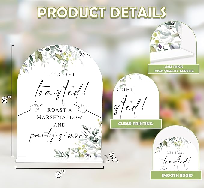 Greenery S'mores Bar Sign, 6 x 8 Inch White Arch Acrylic Wedding Sign - Image 2