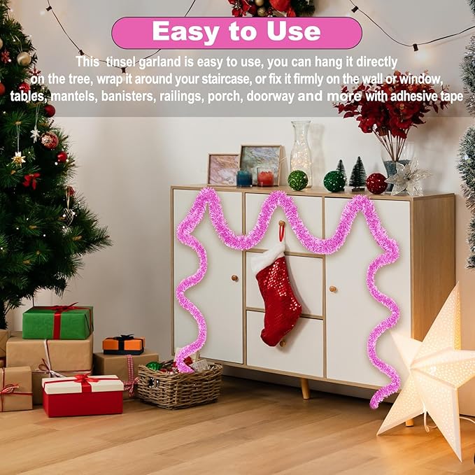 25 Feet Macaron Pink Christmas Tinsel Garland, Metallic Foil Twist Garland Wall - Image 6