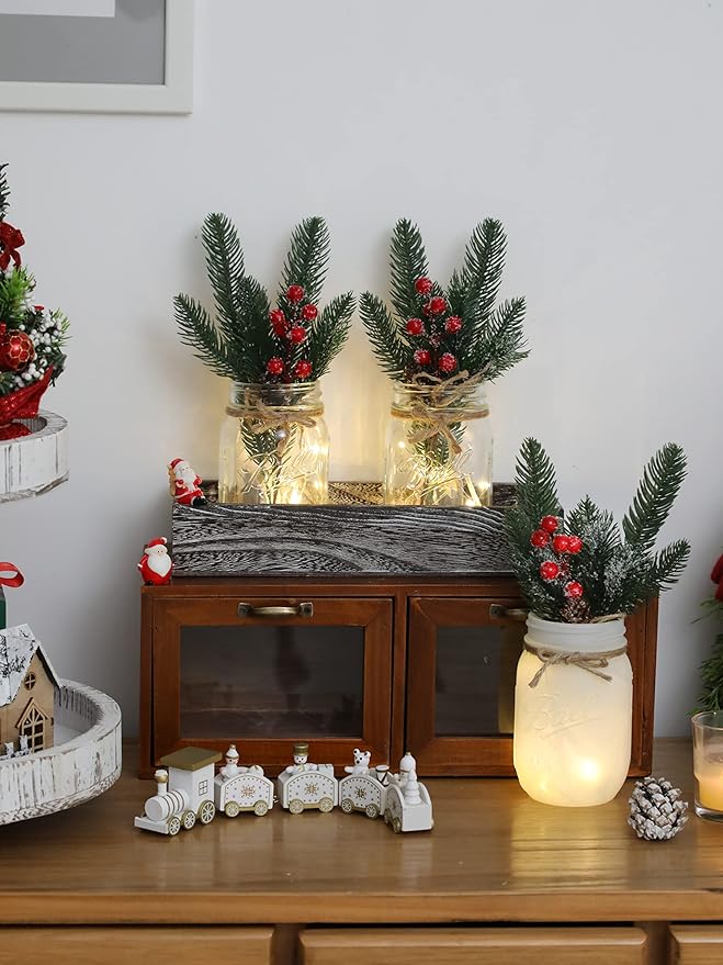 Christmas Mason Jars, Christmas Centerpiece Table Settings, Wood Tray - Image 7