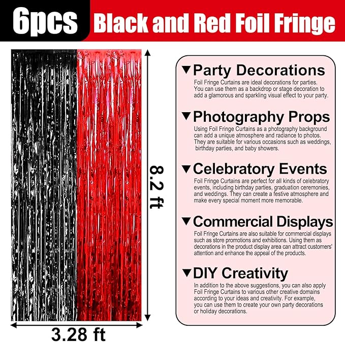 6 Pack Black Red Foil Fringe Curtain Backdrop, 3.28Ft x 8.2Ft Metallic Tinsel - Image 2