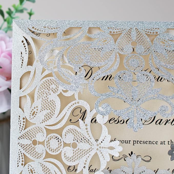 Hosmsua 50PCS Personalized Silver Glitter Laser Cut Wedding Invitation Cards - Image 6