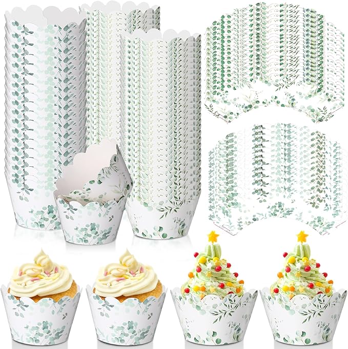 Domensi 100 Pcs Eucalyptus Cupcake Wrappers Rustic Cupcake Liners Green Tulip by Domensi