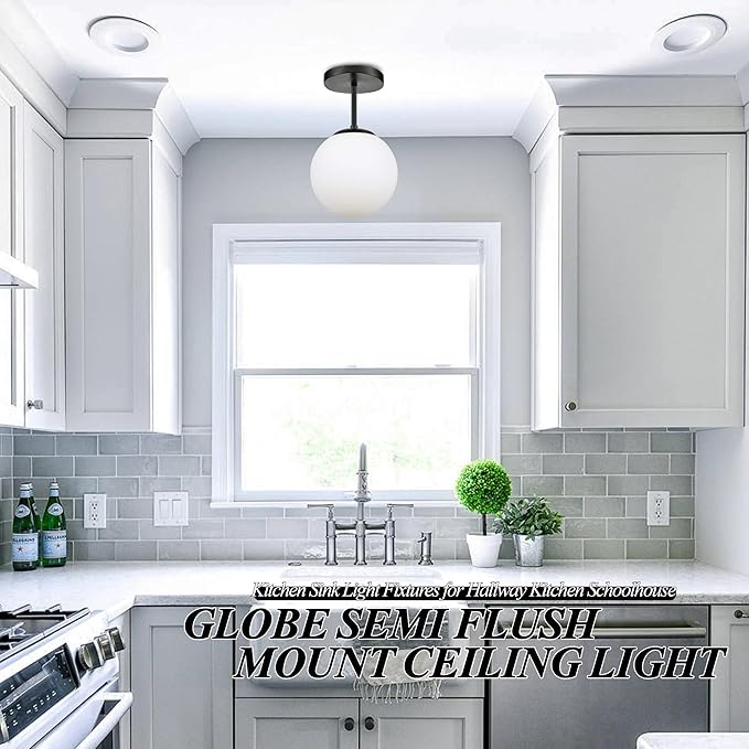 8" Black Semi Flush Mount Ceiling Light Fixture Milk Glass Globe Ceiling Light - Image 9