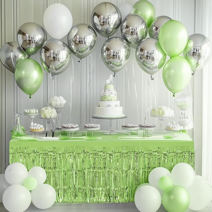 4 Pack Light Green Table Skirts, 29x108" Metallic Foil Tinsel Fringe Table - Image 2